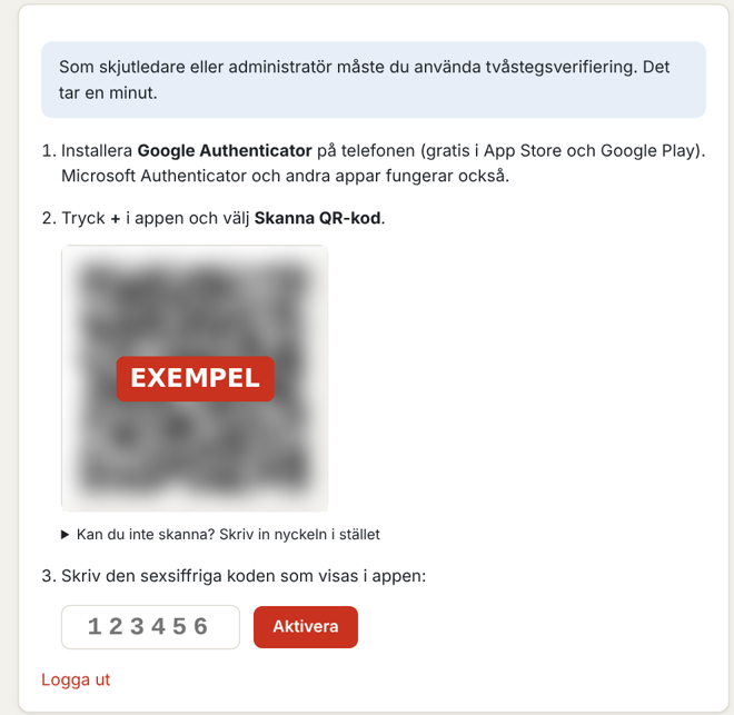 Sidan Tvåstegsverifiering med tre steg och en QR-kod, här utsuddad som exempel