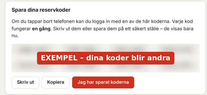 Rutan Spara dina reservkoder med knapparna Skriv ut, Kopiera och Jag har sparat koderna, koderna utsuddade som exempel