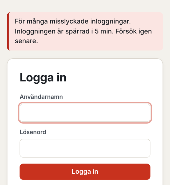 Det röda meddelandet om att inloggningen är spärrad i 5 minuter