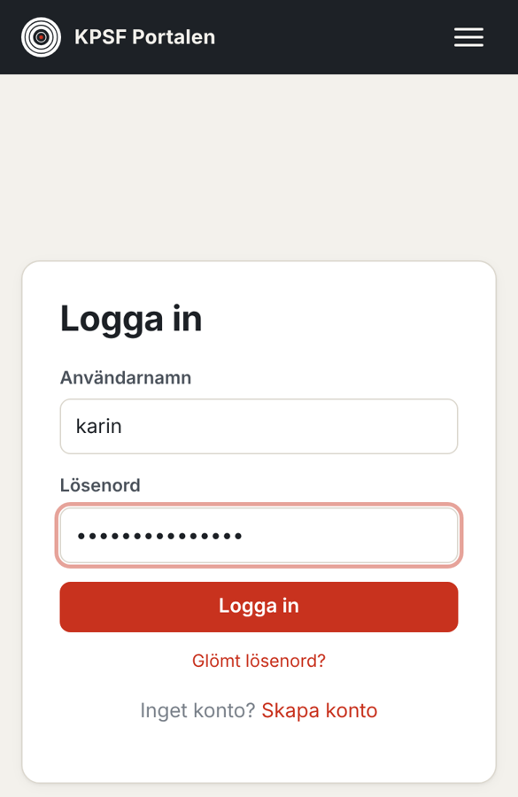 Sidan Logga in med rutorna Användarnamn och Lösenord och den röda knappen Logga in