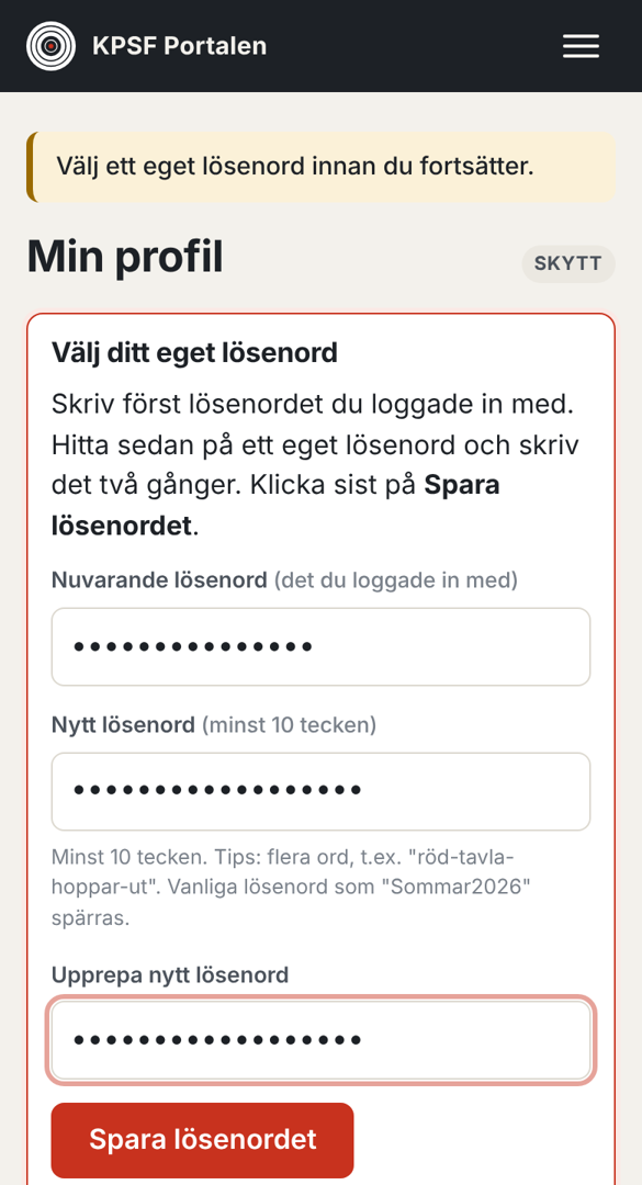 Rutan Välj ditt eget lösenord med tre fält och knappen Spara lösenordet