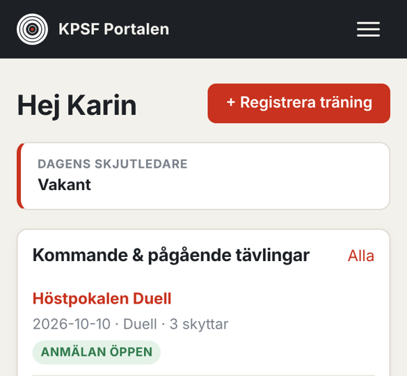 Startsidan efter inloggning med texten Hej Karin och knappen Registrera träning